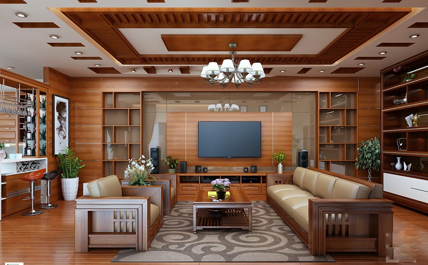 Không gian phòng khách sang trọng hơn khi ốp gỗ biến tính
